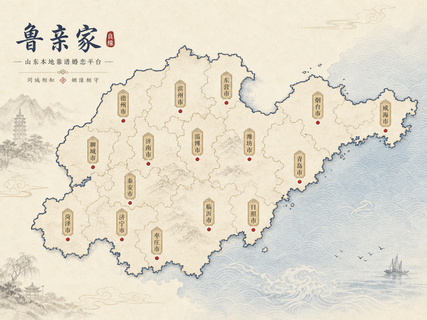山东16市地图插画